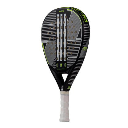 The adidas Match 3.3 Black / Lime Padel Racket features a teardrop shape, black and gray design with lime accents, a white grip, a geometric face pattern, and "MATCH" near the top—ideal for beginners.