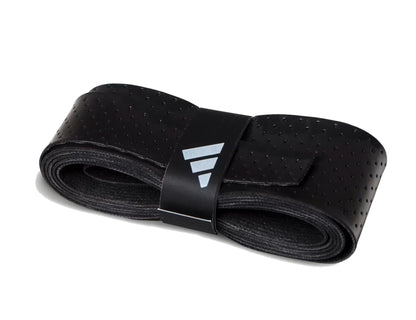 The ADIDAS Padel Overgrips (3 Pack) - Black by adidas features coiled black overgrips with micro-perforations for comfort and performance, plus a black band with a silver geometric adidas logo, all shown on a white background.
