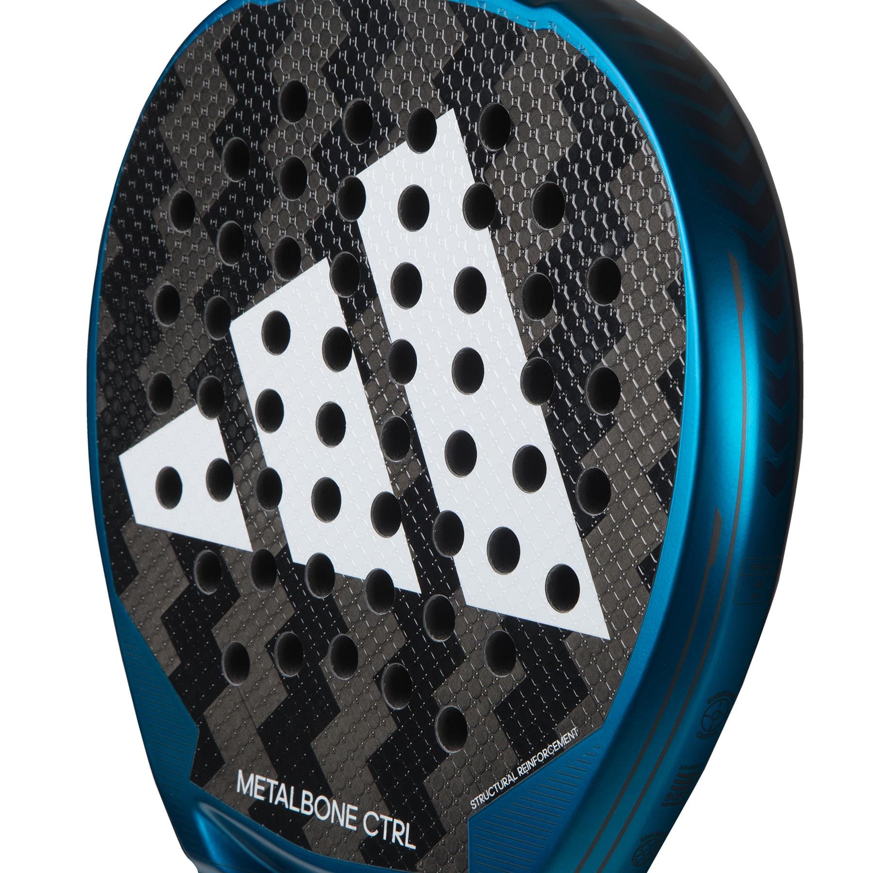 Close-up of the adidas Metalbone CTRL 3.3 padel racket for advanced players, showing a large white geometric logo and multiple round holes on the surface. “Metalbone CTRL” text is visible at the bottom.