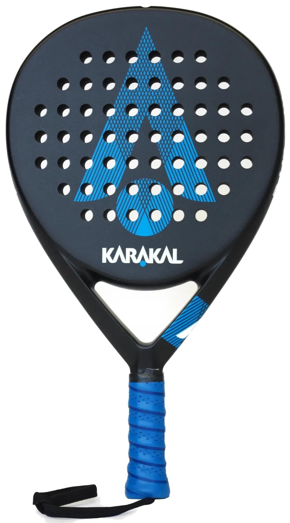 The Karakal Air Lite 345 Blue Padel Racket is a lightweight black racket with blue and white accents, a blue grip, round holes, wrist strap, and "Karakal" branding—ideal for beginners.