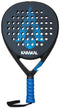 The Karakal Air Lite 345 Blue Padel Racket is a lightweight black racket with blue and white accents, a blue grip, round holes, wrist strap, and "Karakal" branding—ideal for beginners.