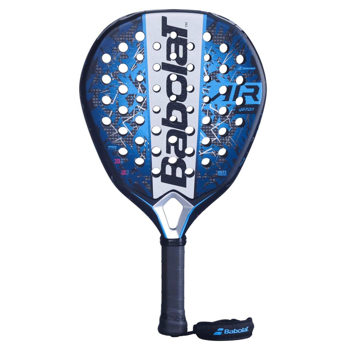 The Babolat Air Veron 2.5 Padel Racket features a blue and black design, perforated face, branded logo, and a black wrist strap for dynamic power on the court.