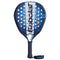 The Babolat Air Veron 2.5 Padel Racket features a blue and black design, perforated face, branded logo, and a black wrist strap for dynamic power on the court.
