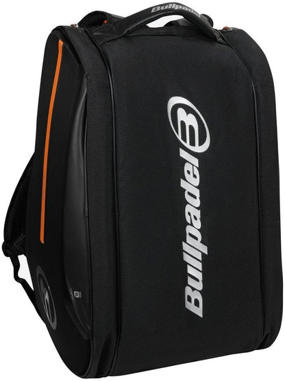 The Bullpadel BPP26012 Hack 2026 Padel Racket Bag in black features the white Bullpadel logo, orange zipper accent, two shoulder straps, and thermal racket compartments to protect your gear.