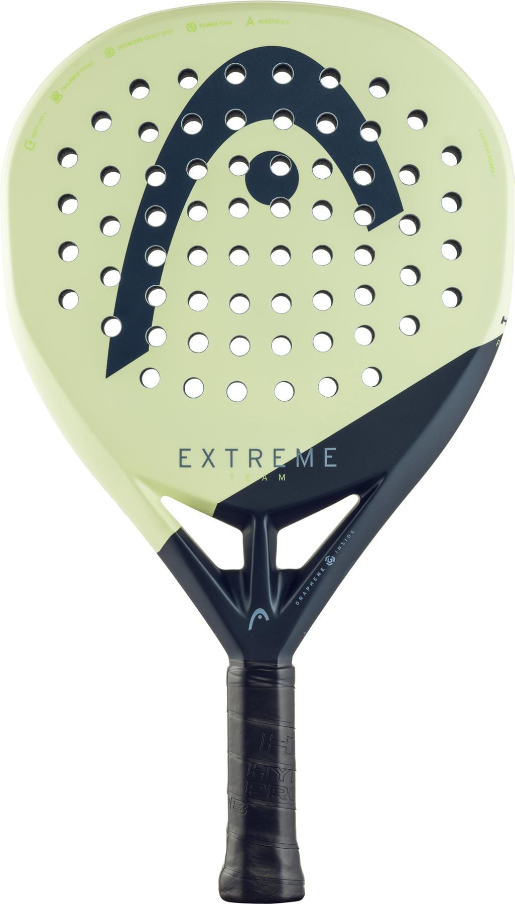 The HEAD Extreme Team 2025 Padel Racket features a green and black design with "EXTREME" on the face, a bold logo, perforated surface, and black grip tape. Perfect for advanced players seeking style and performance.