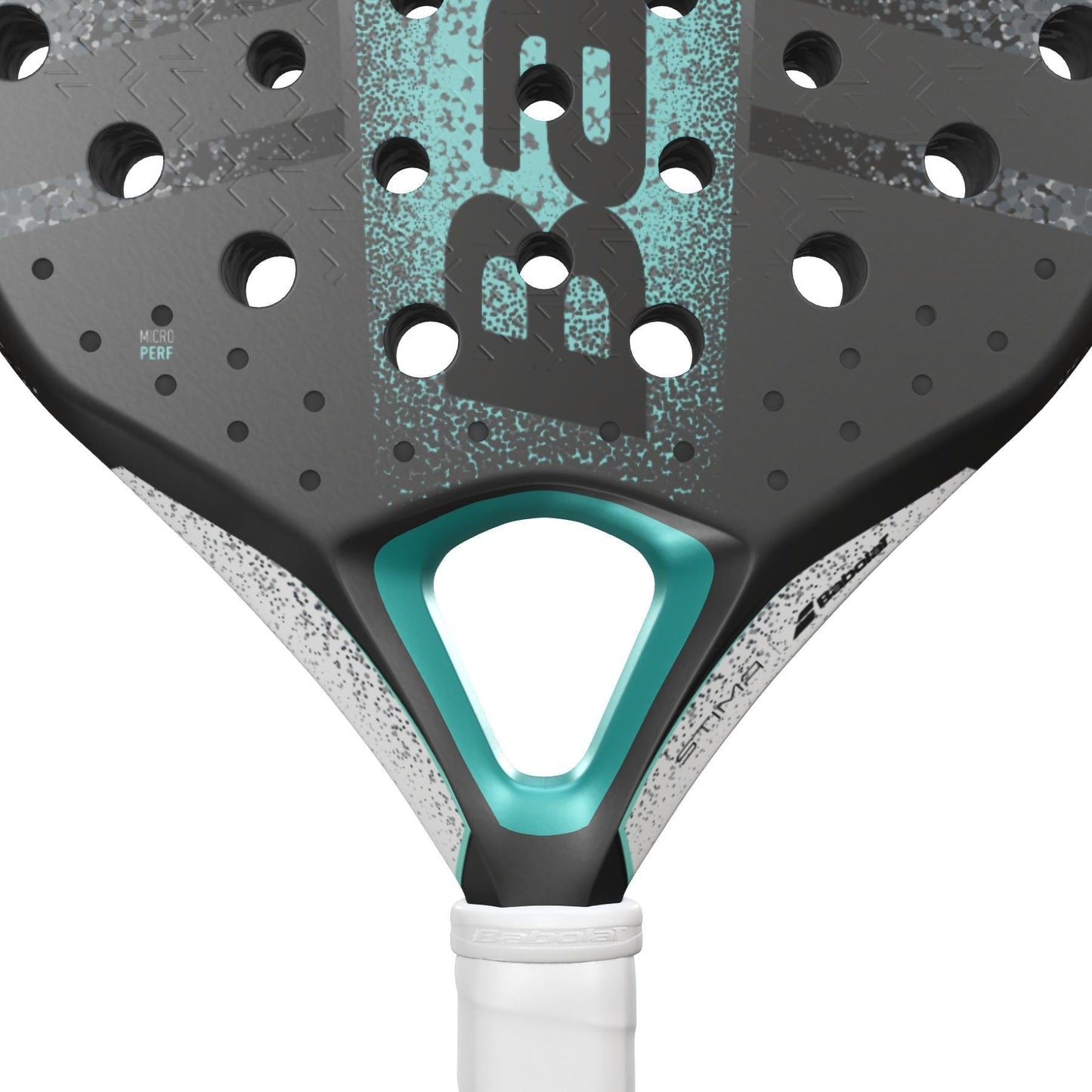 Close-up of the lightweight Babolat Stima Energy Padel Racket, featuring a black and turquoise design, perforated surface, textured details, white grip, and a partially visible Babolat logo highlighting its sleek look.
