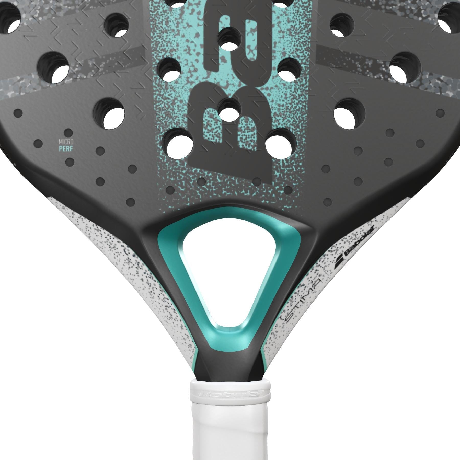 Close-up of the lightweight Babolat Stima Energy Padel Racket, featuring a black and turquoise design, perforated surface, textured details, white grip, and a partially visible Babolat logo highlighting its sleek look.