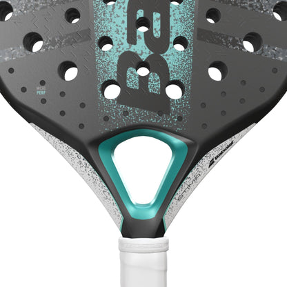 Close-up of the lightweight Babolat Stima Energy Padel Racket, featuring a black and turquoise design, perforated surface, textured details, white grip, and a partially visible Babolat logo highlighting its sleek look.