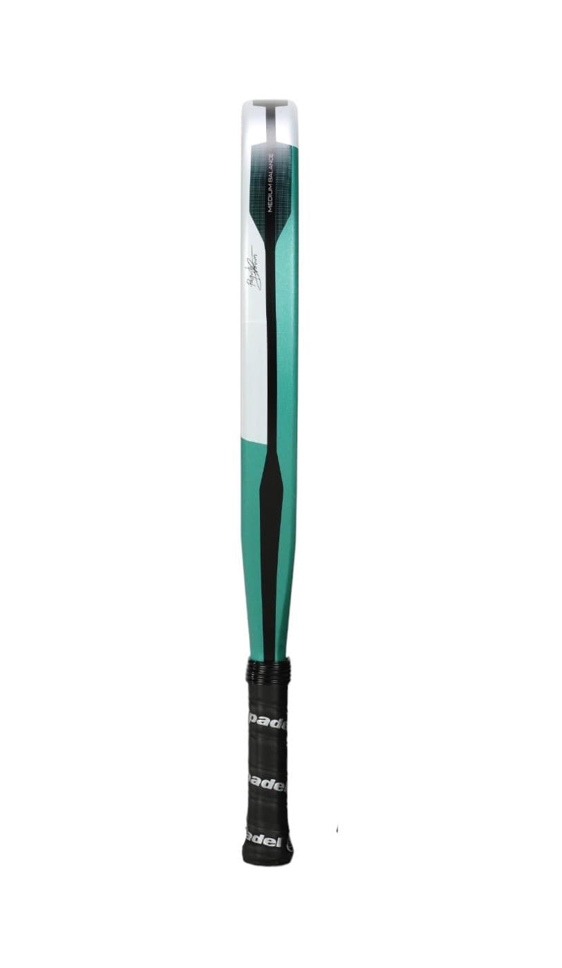 The Bullpadel Hack Junior 25 Padel Racket by Bullpadel features a striking green and white design with black accents and a black handle wrapped in white text grip tape, shown standing upright on a plain white background.