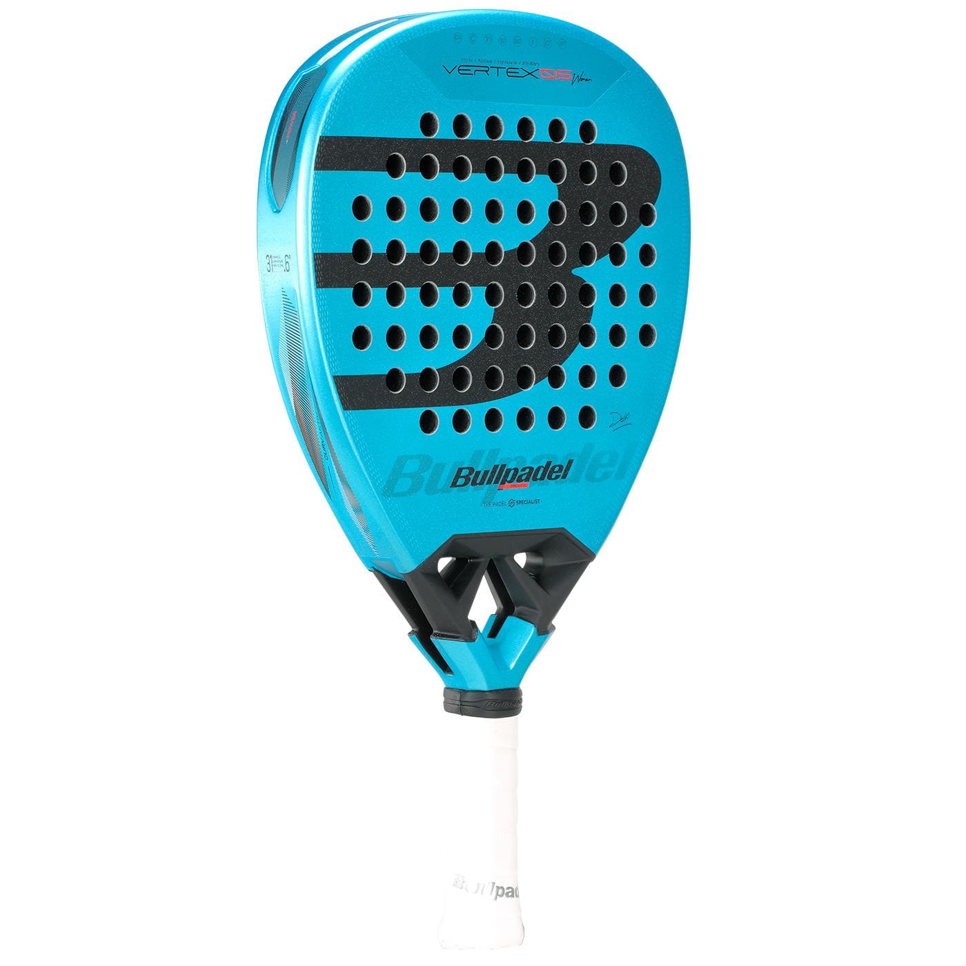 The Bullpadel Vertex 05 W 2026 Padel Racket by Bullpadel is blue with black accents, a perforated face, and a white grip, shown upright against a white background.
