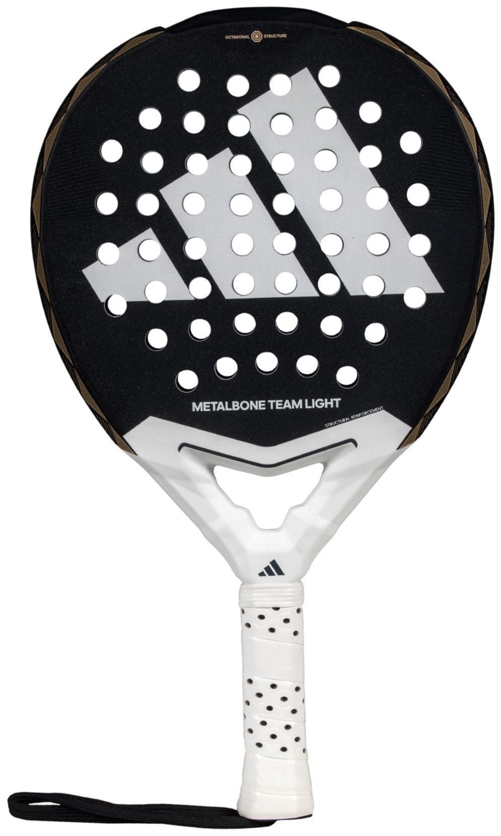 The adidas Metalbone Team Light 3.4 Padel Racket is a black and white lightweight padel racket for advanced players, featuring a large logo, round holes, "METALBONE TEAM LIGHT" text, white grip with black dots, and a wrist strap.