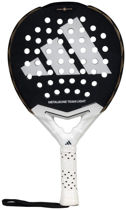 The adidas Metalbone Team Light 3.4 Padel Racket is a black and white lightweight padel racket for advanced players, featuring a large logo, round holes, "METALBONE TEAM LIGHT" text, white grip with black dots, and a wrist strap.