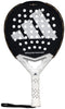 The adidas Metalbone Team Light 3.4 Padel Racket is a black and white lightweight padel racket for advanced players, featuring a large logo, round holes, "METALBONE TEAM LIGHT" text, white grip with black dots, and a wrist strap.