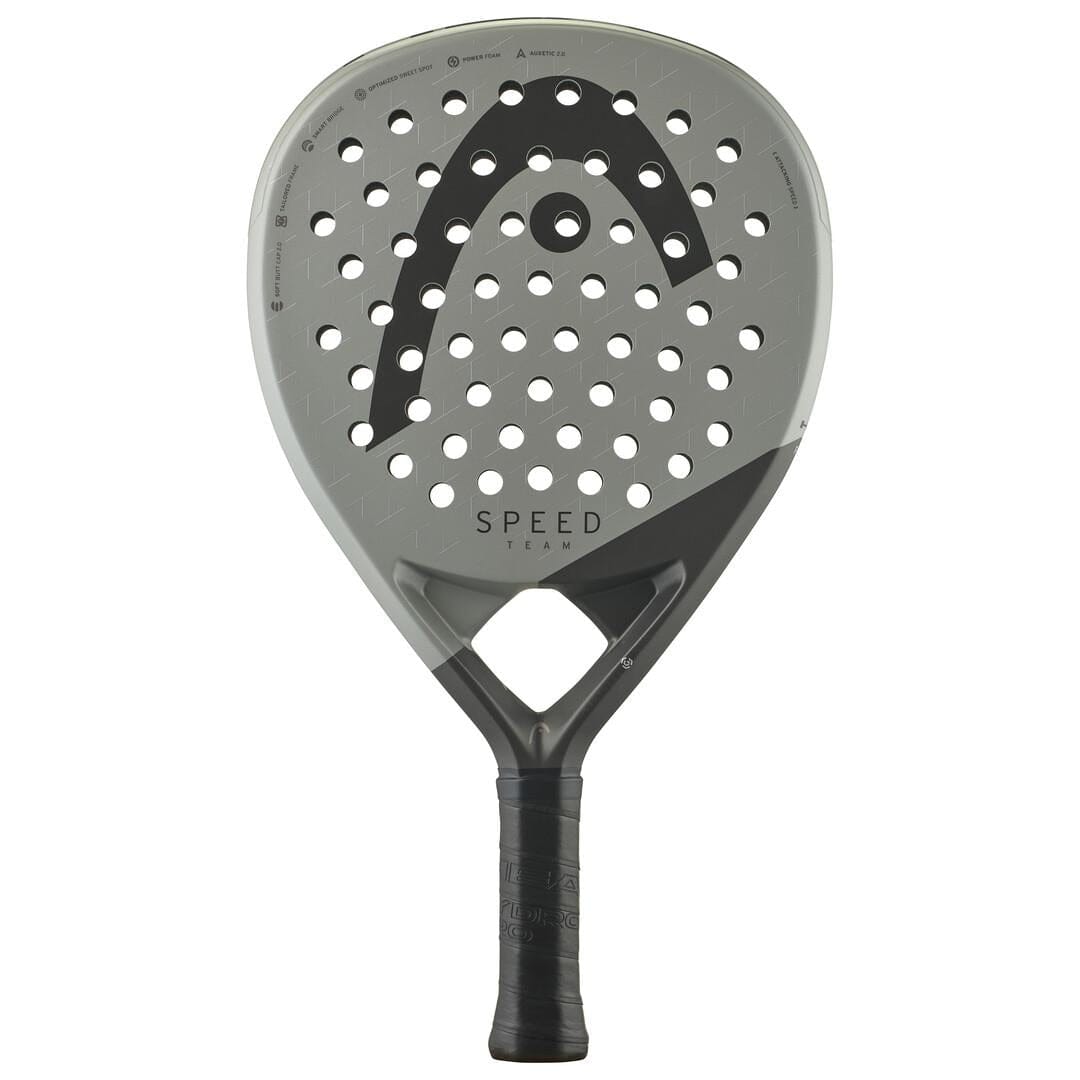 The HEAD Speed Team 2025 Padel Racket by HEAD is gray and black, features Auxetic 2.0 tech, circular holes, a textured face, a black grip handle, and "SPEED" and "TEAM" printed near the handle for power and control.