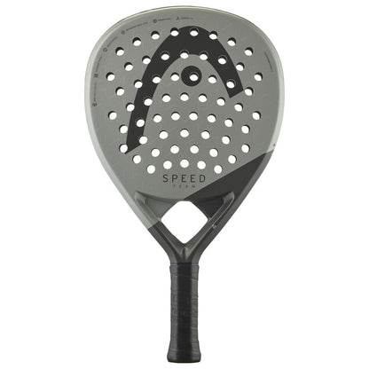 The HEAD Speed Team 2025 Padel Racket by HEAD is gray and black, features Auxetic 2.0 tech, circular holes, a textured face, a black grip handle, and "SPEED" and "TEAM" printed near the handle for power and control.