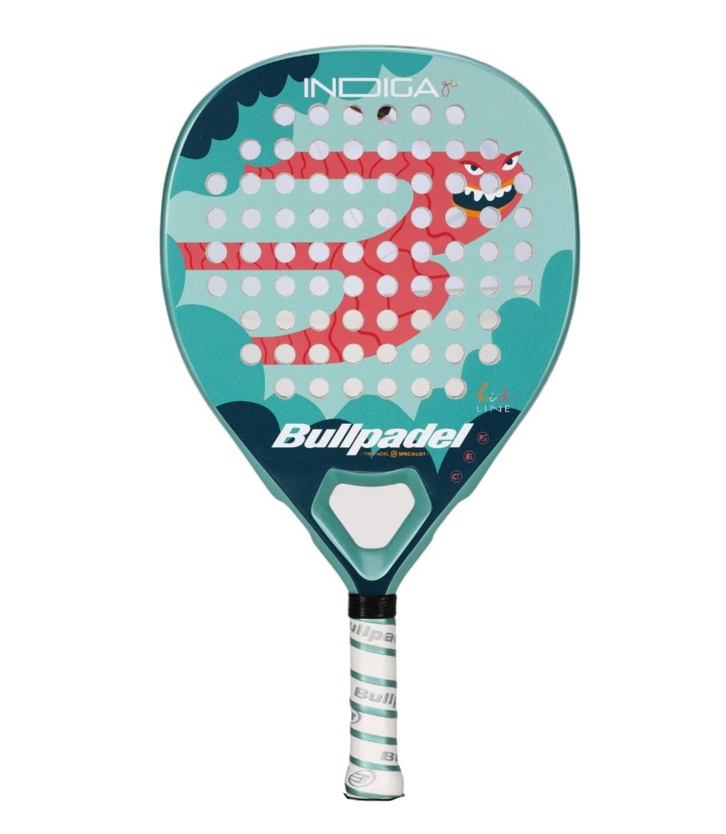 The Bullpadel Indiga Junior 25 Girls Padel Racket by Bullpadel features a turquoise and teal design with a red cartoon dragon and "INDIGA" at the top, plus a white grip—an ideal choice for young players.