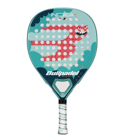 The Bullpadel Indiga Junior 25 Girls Padel Racket by Bullpadel features a turquoise and teal design with a red cartoon dragon and "INDIGA" at the top, plus a white grip—an ideal choice for young players.