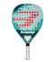 The Bullpadel Indiga Junior 25 Girls Padel Racket by Bullpadel features a turquoise and teal design with a red cartoon dragon and "INDIGA" at the top, plus a white grip—an ideal choice for young players.