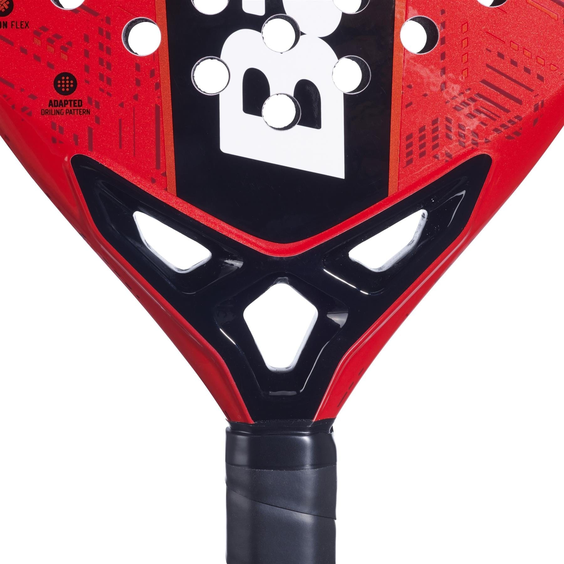 Close-up of the Babolat Alioth Pro Junior Padel Racket by Babolat, featuring a textured red and black design with triangular holes near the throat—perfect for young players looking for control.