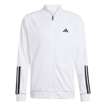 The ADIDAS Men's 3 Stripe Knit Padel Jacket in white features the iconic black adidas logo on the chest and 3 Stripe detailing on the sleeves, ideal for padel enthusiasts.