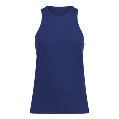 A sleeveless navy adidas Women's Club Padel Tank Top, set against a white backdrop, made from recycled materials. It has a simple design with a rounded neckline and smooth fabric. This Climacool top suits sports and casual wear.