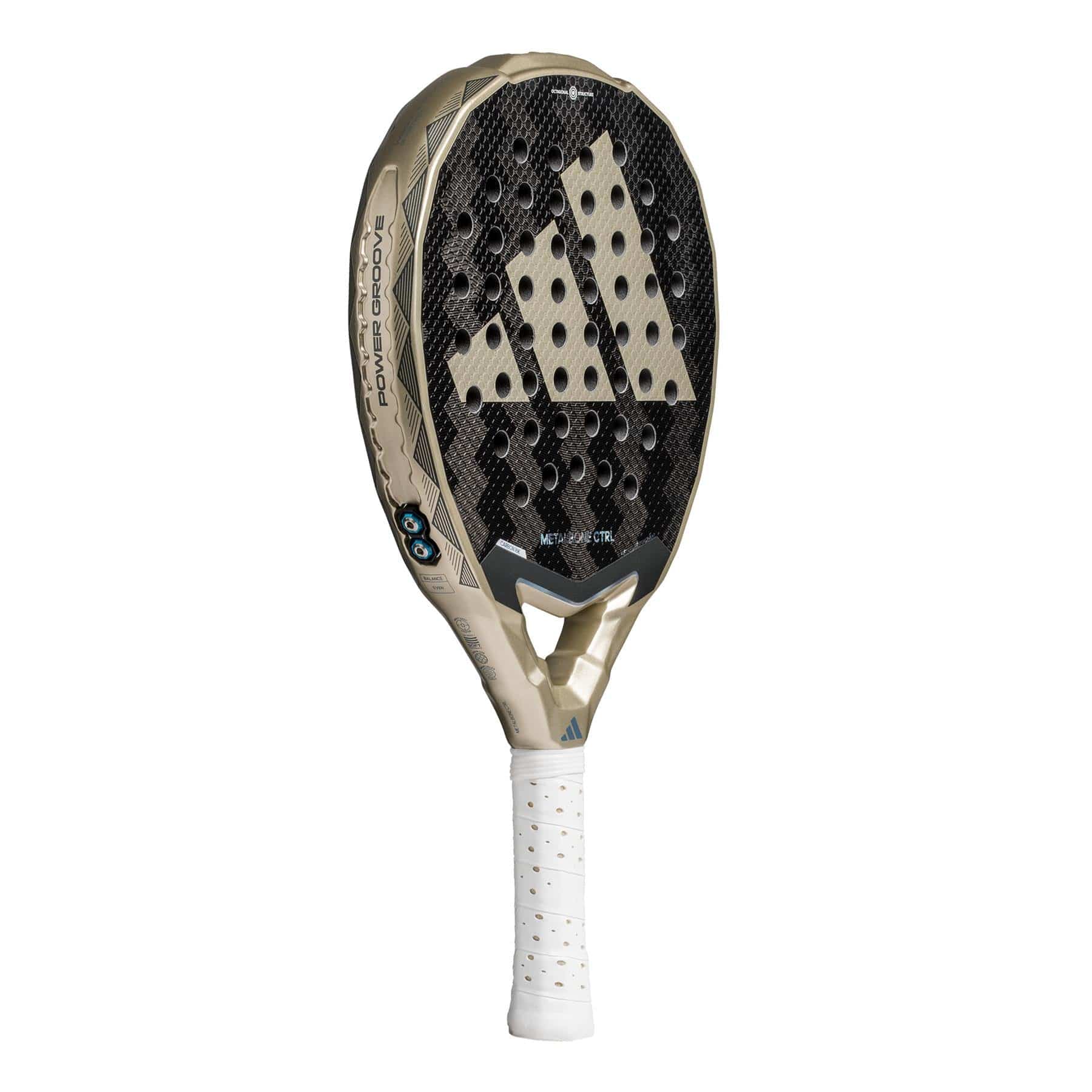 The adidas Metalbone CTRL 3.4 Padel Racket features a black face with large perforations, beige edges, a white grip handle, and an innovative Weight and Balance System for customizable play.