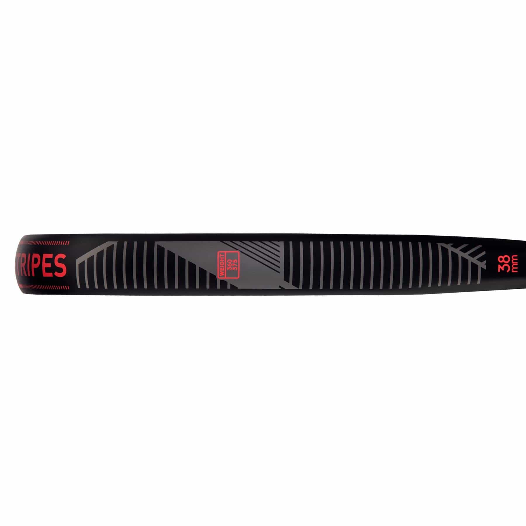 Close-up side view of the adidas ADIDAS Match 3.3 Black / Red Padel Racket, featuring gray stripes and bold red "STRIPES" and "30 INCH" text; its teardrop shape delivers a modern, sleek look perfect for style-conscious players.