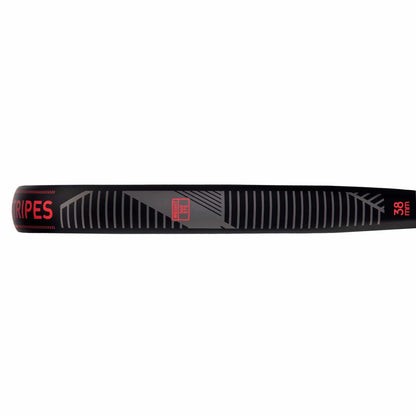 Close-up side view of the adidas ADIDAS Match 3.3 Black / Red Padel Racket, featuring gray stripes and bold red "STRIPES" and "30 INCH" text; its teardrop shape delivers a modern, sleek look perfect for style-conscious players.