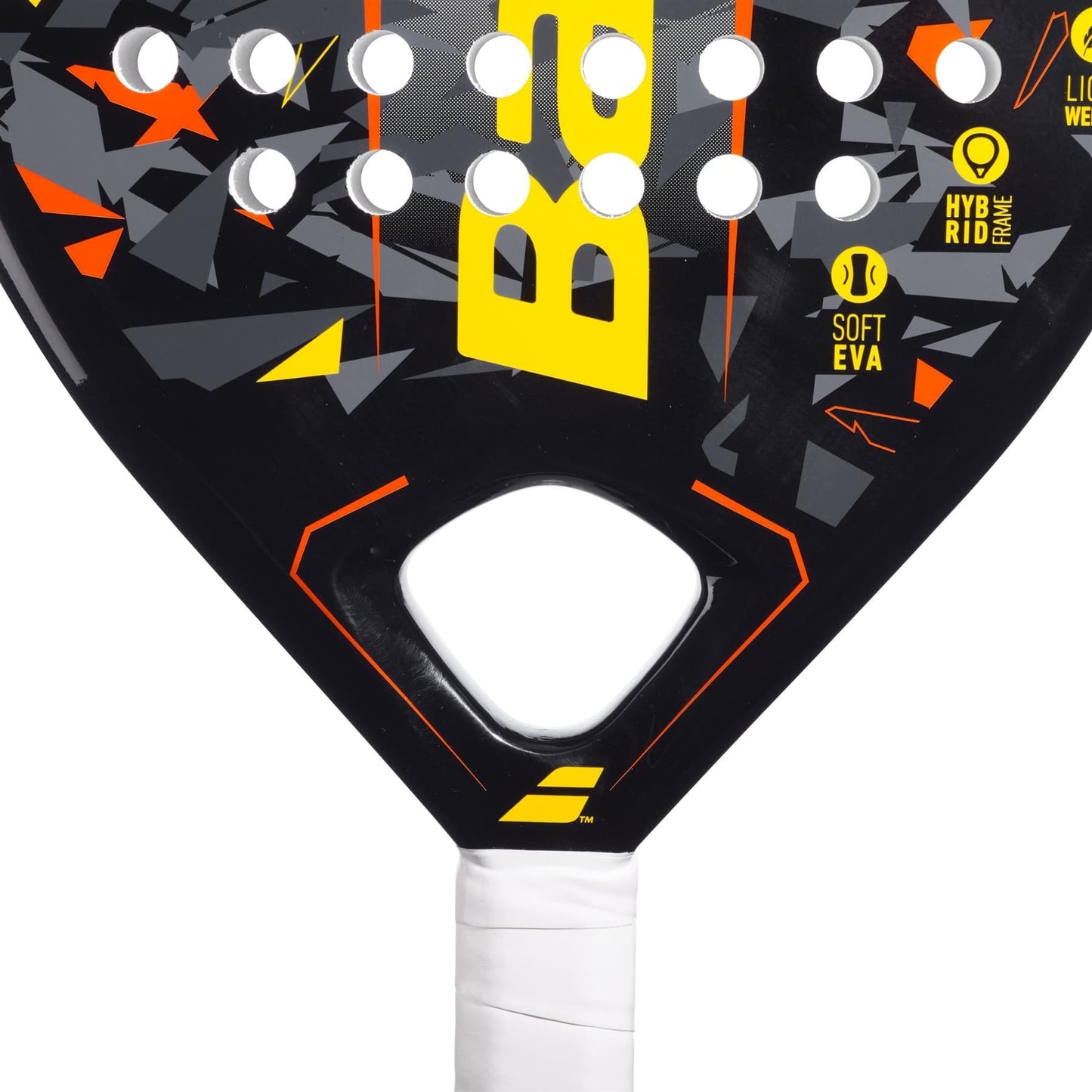 Close-up of the Babolat Storm Padel Racket by Babolat, showcasing a teardrop shape, geometric patterns, yellow and orange accents, white perforated holes, a white grip handle, and text reading "SOFT EVA" and "HYBRID FRAME.