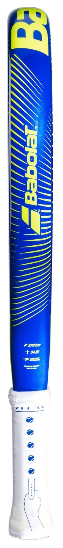 A blue and yellow Babolat Alioth Mini Junior Padel Racket with a white handle is shown vertically, featuring the brand name and design clearly visible.
