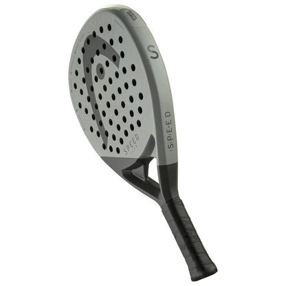 The HEAD Speed Team 2025 Padel Racket by HEAD features a gray, perforated face, black handle, and "SPEED" on the side. Its Auxetic 2.0 technology offers power and control. Displayed against a white background.