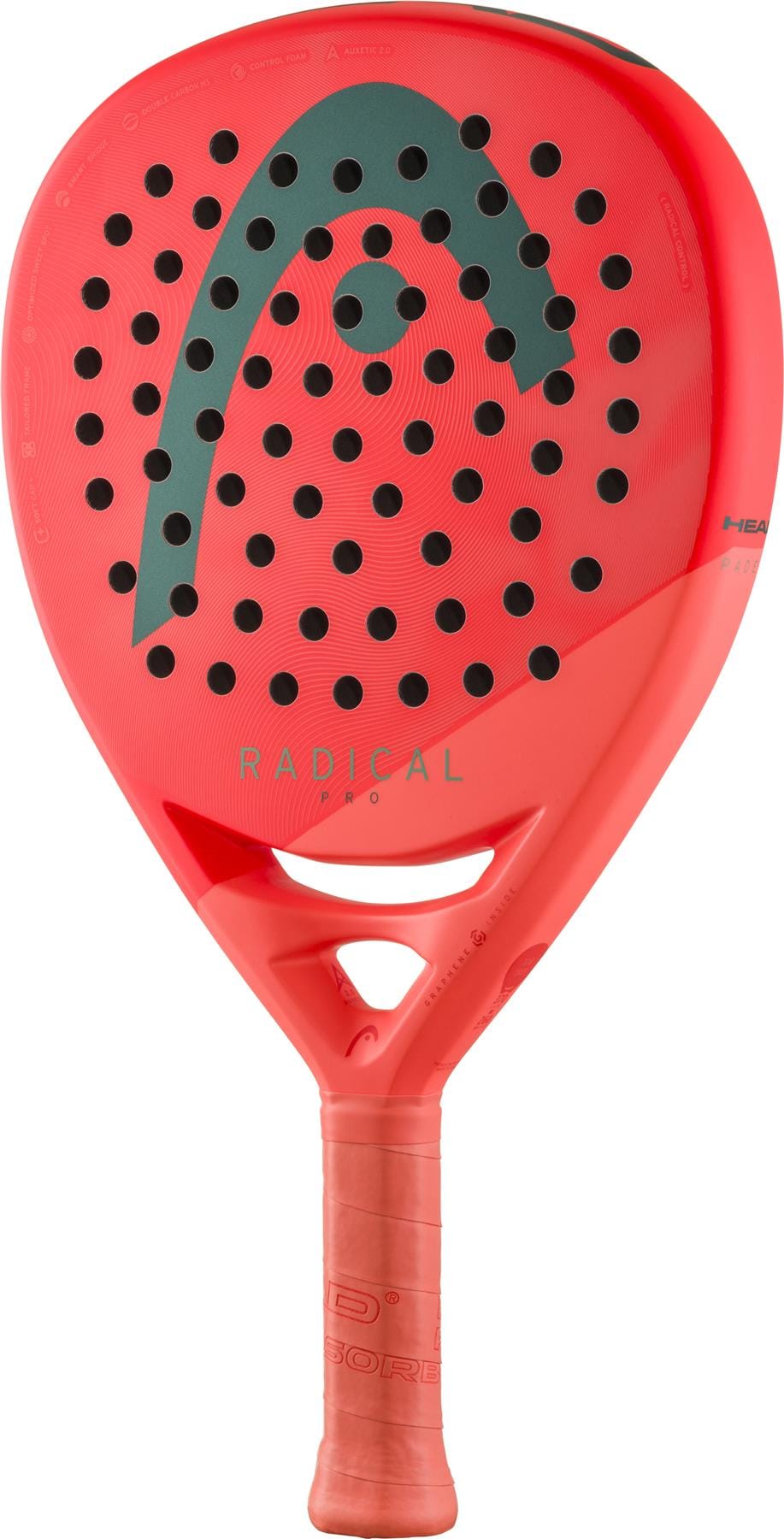 Experience precise control with the HEAD Radical Pro 2026 Padel Racket—a bold red racket featuring black circular holes, a large stylized HEAD logo near the top, and “Radical Pro” printed above the handle.