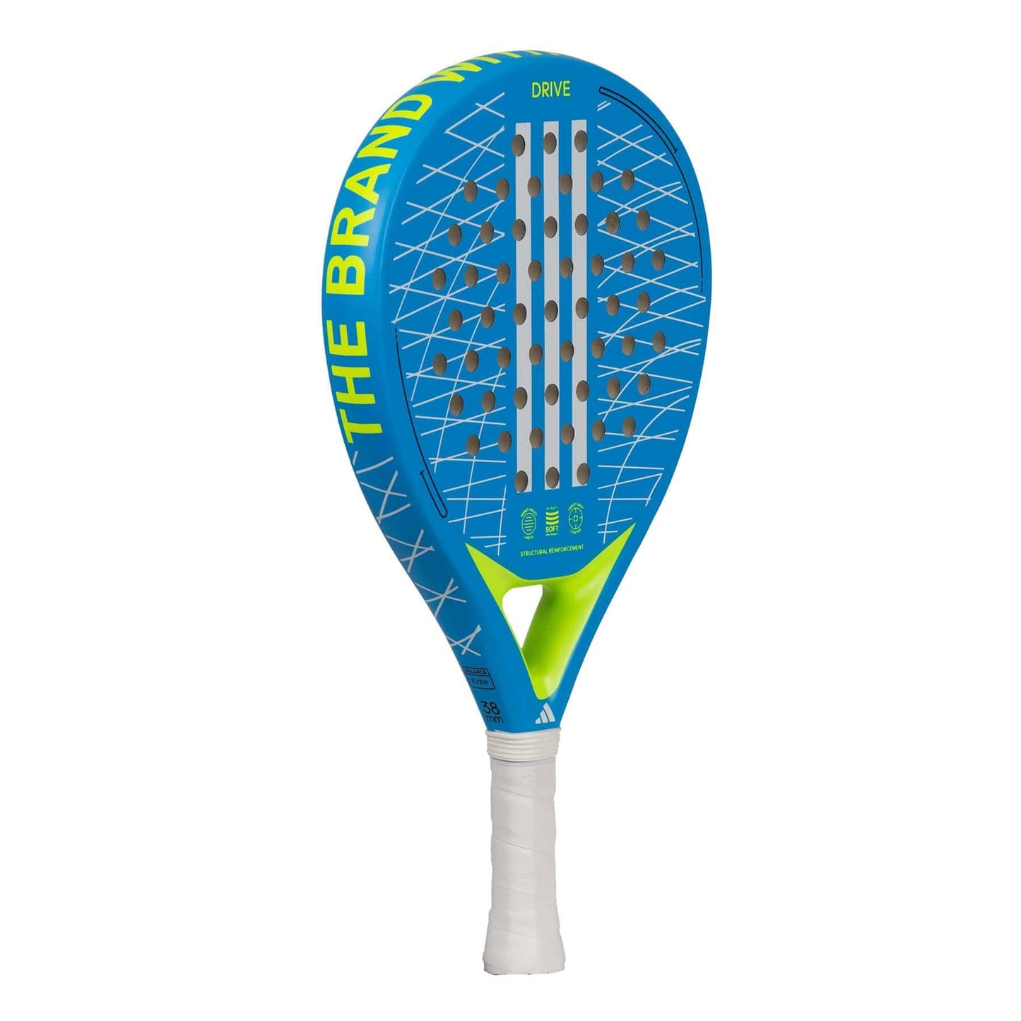 The adidas Drive 3.3 Blue Padel Racket features a blue and green design, white handle, central perforations, and "THE BRAND" in yellow on the edge—perfect for beginners seeking improved control.