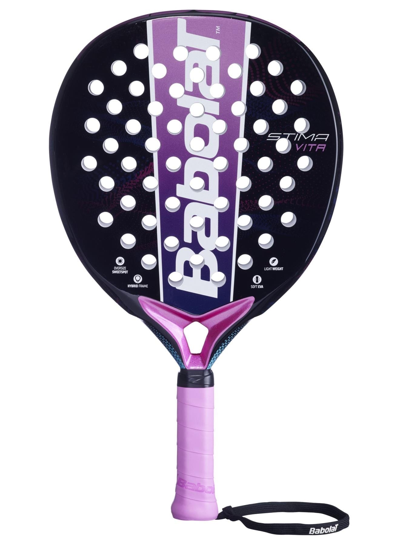 The Babolat Stima Vita Padel Racket features a black and purple design with bold white Babolat branding, circular holes, and a pink grip—an ideal lightweight choice for beginners.
