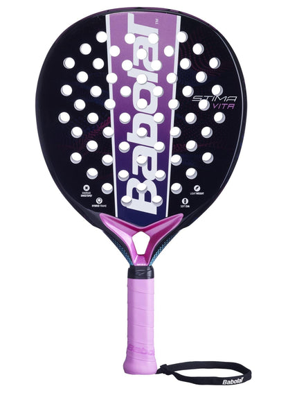 The Babolat Stima Vita Padel Racket features a black and purple design with bold white Babolat branding, circular holes, and a pink grip—an ideal lightweight choice for beginners.