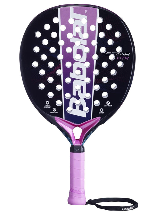 The Babolat Stima Vita Padel Racket features a black and purple design with bold white Babolat branding, circular holes, and a pink grip—an ideal lightweight choice for beginners.