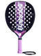 The Babolat Stima Vita Padel Racket features a black and purple design with bold white Babolat branding, circular holes, and a pink grip—an ideal lightweight choice for beginners.