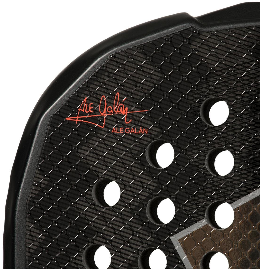 Close-up of the adidas Metalbone HRD+ by Ale Galán 2026 Padel Racket’s black, honeycomb-textured face with circular perforations and Ale Galán’s red signature—a true power racket built for peak performance.
