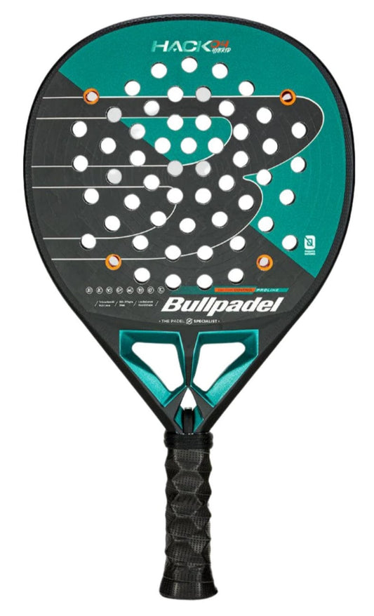 Designed for advanced players, the Bullpadel Hack 04 Hybrid 2025 Padel Racket features a bold green and black design, circular holes on the surface, and Bullpadel branding near the handle with black grip tape.