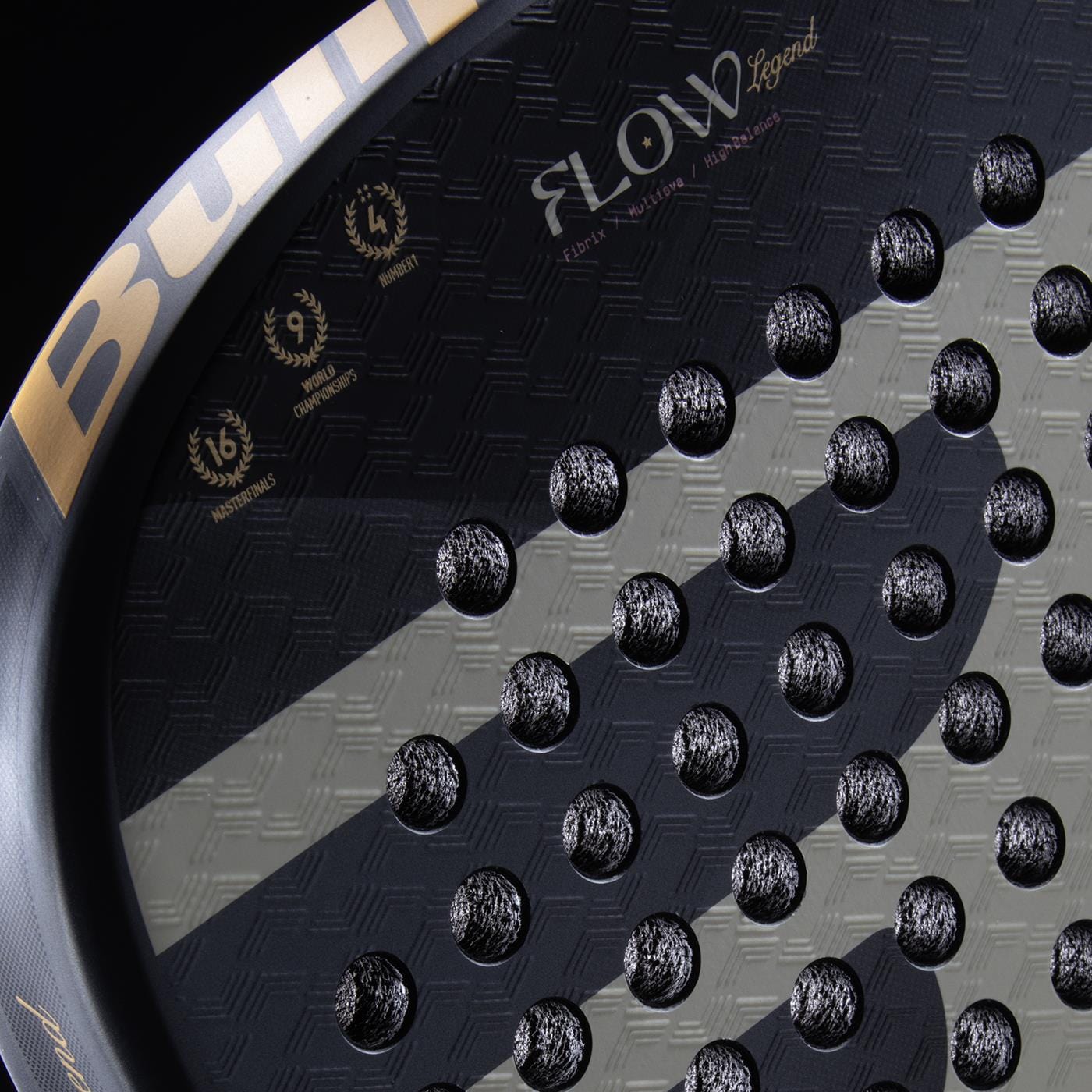 Close-up of the Bullpadel Flow Legend 2026 Padel Racket—a top women’s racket in black and gold, with a textured surface, circular holes, FLOW Legend branding, and advanced Flowforce technology by Bullpadel.