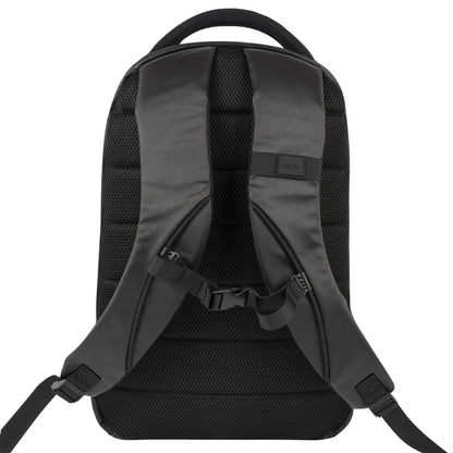 The NOX Pro Series Padel Backpack in black features padded shoulder straps, a chest buckle, and a cushioned, breathable back panel for comfort, along with spacious storage—shown here from the back.
