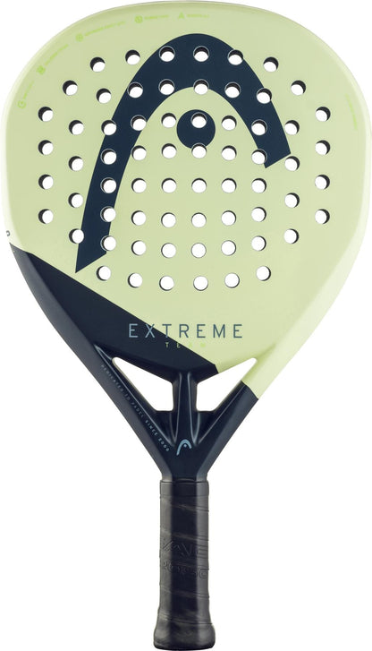 The HEAD Extreme Team 2025 Padel Racket features a yellow and black design, perforated face, black handle, large logo, and “EXTREME” print—perfect for advanced players seeking true power on the court.