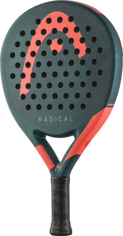 The HEAD Radical Team Light 2026 Padel Racket is a lightweight model in dark green and coral, branded with "HEAD" and "RADICAL" on the face, and designed with multiple round holes across its surface.