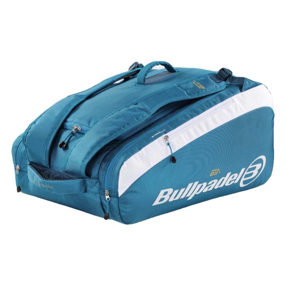 The Bullpadel BPP26021 Pearl Padel Racket Bag - Blue by Bullpadel, with multiple zippered compartments and handles, is shown on a white background.