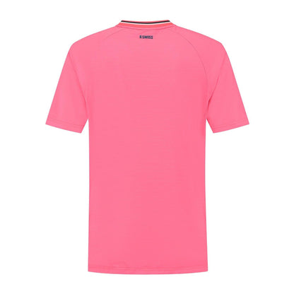 The back view of the K-Swiss Hypercourt Men's Melange 3 Padel T-Shirt in pink features short sleeves and a subtle "K-SWISS" logo on the neck, capturing the elegance and performance focus ideal for padel players.
