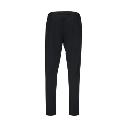 The HEAD Club Men's Easy Court Tracksuit in black showcases its back view, highlighting an elastic waistband and straight leg design. Made with Moisture Transfer Microfiber, it provides a sleek, minimalist look perfect for a Padel tracksuit ensemble by HEAD.
