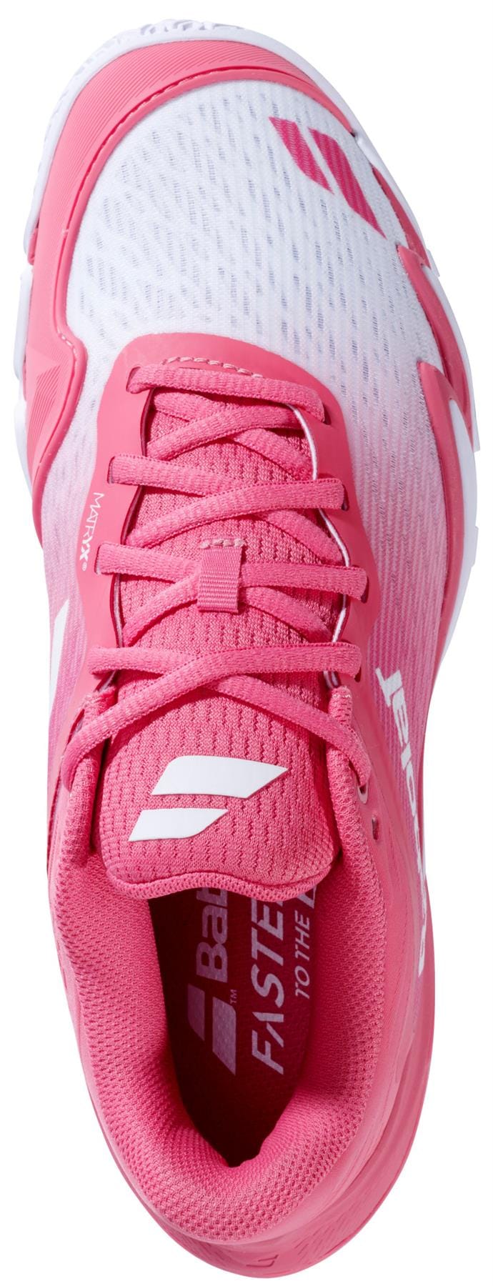 Top view of the Babolat Premura 3 Womens Padel Shoes - Sun Kissed Coral, featuring a pink and white mesh upper with gradient design, white laces, branding accents, and superior traction for padel courts.