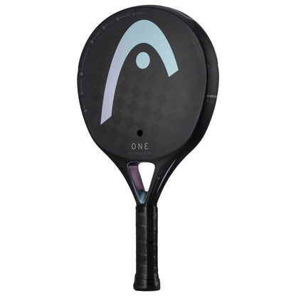 The HEAD One Ultralight Black Padel Racket by HEAD features a black ultralight design, subtle checkered pattern, bold white and light blue logo, and "ONE ULTRALIGHT" near the throat—ideal for players wanting the lightest padel racket.