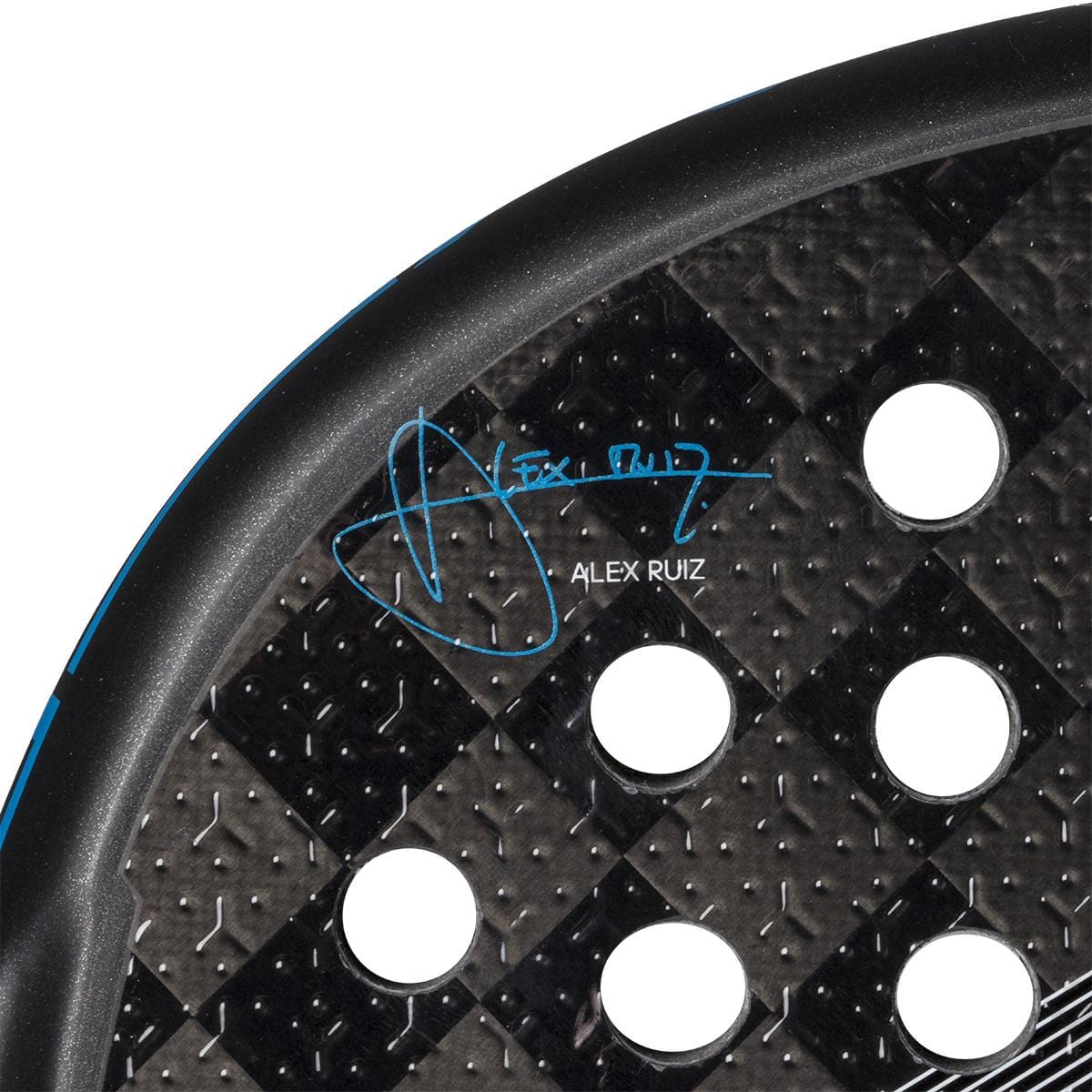 Close-up of the adidas ADIDAS Adipower Multiweight CTRL 3.4 padel racket, black carbon fiber with circular holes and a blue "Alex Ruiz" signature, featuring adjustable weight for customized gameplay.