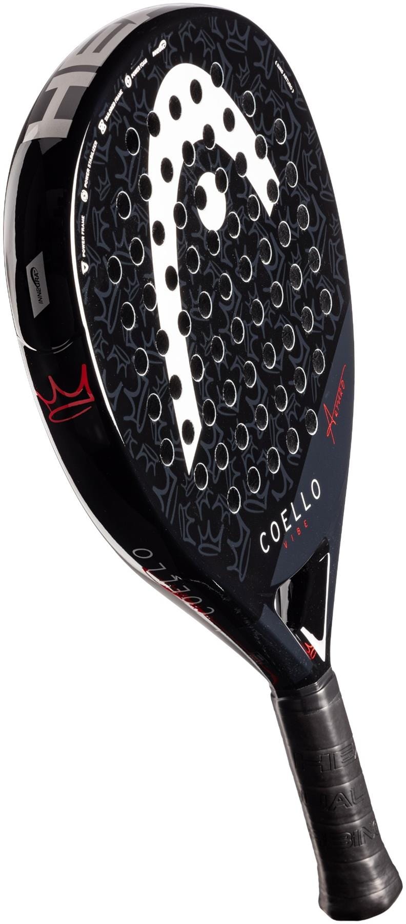 The HEAD Coello Vibe 2025 Padel Racket features a teardrop shape, perforated face, and black grip handle with black, white, and red accents—ideal for beginners seeking style and performance.